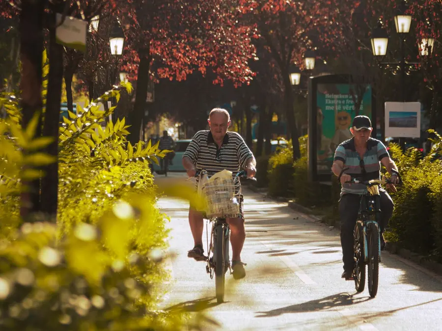 Twee oudere mannen fietsen door een park