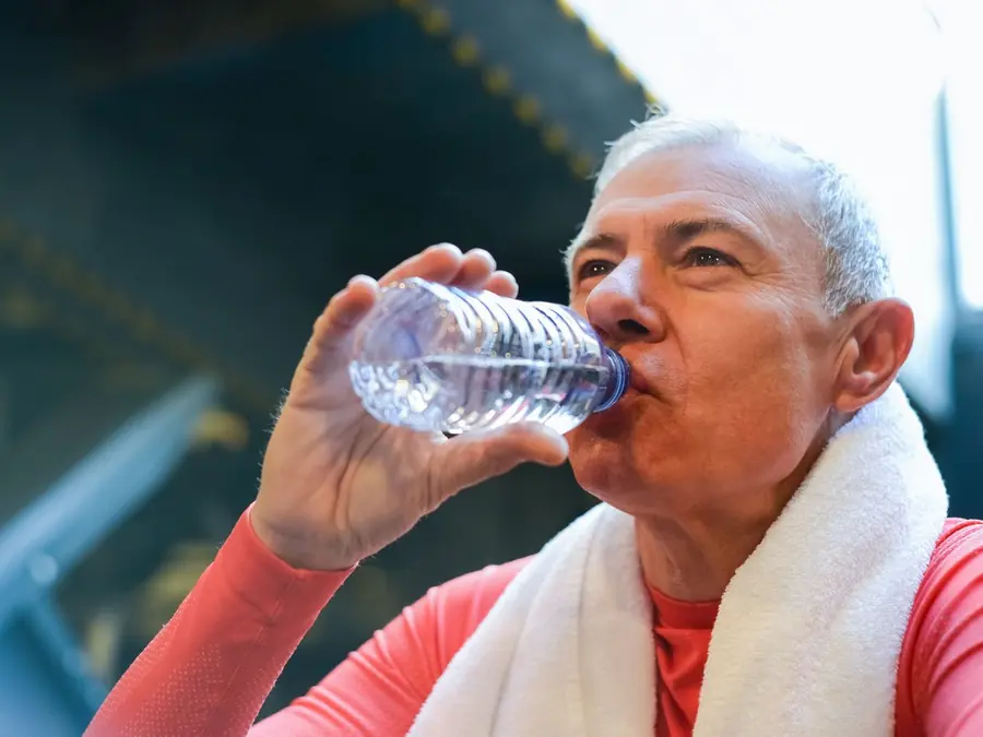 Oudere man drinkt water uit een fles na het sporten
